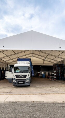 Front view of lorry in temporary canopy at AGC Glass