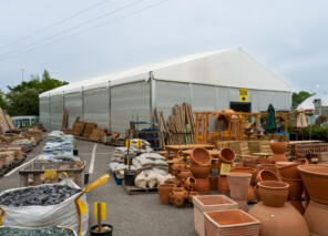 temporary building fitted with lights windows pedestrian doors and vehicle access