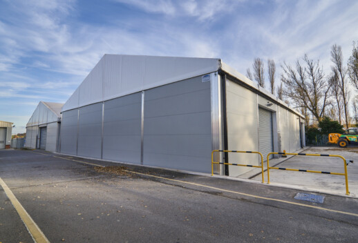 fully insulated temporary structure to accommodate warehouse storage and vehicle workshop